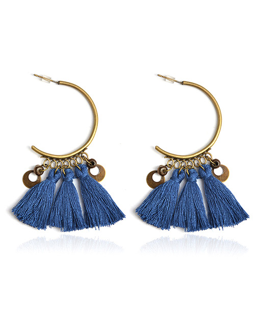 Bohemia Blue Round Shape Decorated Tassel Earrings
