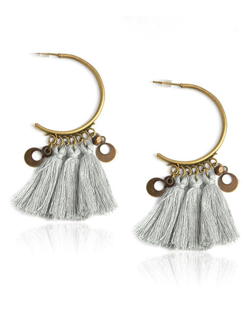Bohemia Gray Round Shape Decorated Tassel Earrings