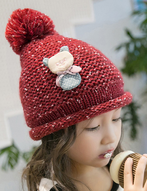 Lovely Claret Red Bear Decorated Child Plus Cashmere Cap(1-6 Yesrs Old )