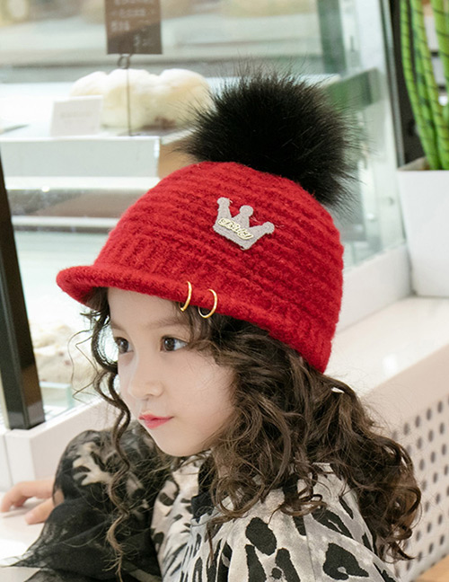 Lovely Red Crown&fuzzy Ball Decorated Child Cap(3-7 Yesrs Old )