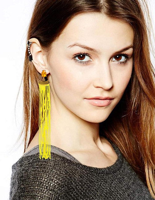 Fashion Yellow Diamond Decorated Long Tassel Earrings