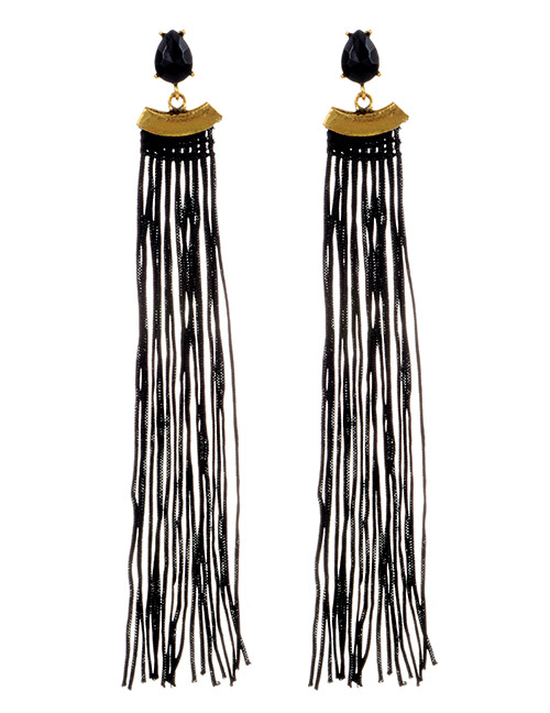 Fashion Black Diamond Decorated Long Tassel Earrings