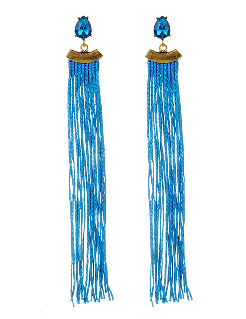 Fashion Blue Diamond Decorated Long Tassel Earrings