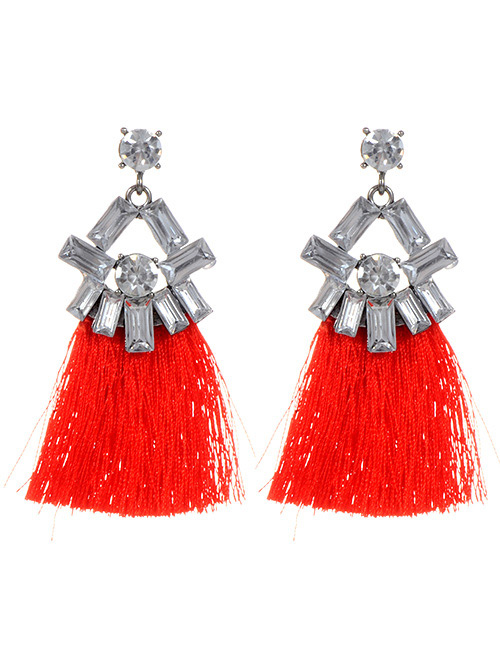 Fashion Red Geometric Shape Diamond Decorated Tassel Earrings