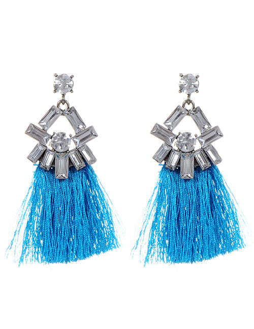 Fashion Blue Geometric Shape Diamond Decorated Tassel Earrings