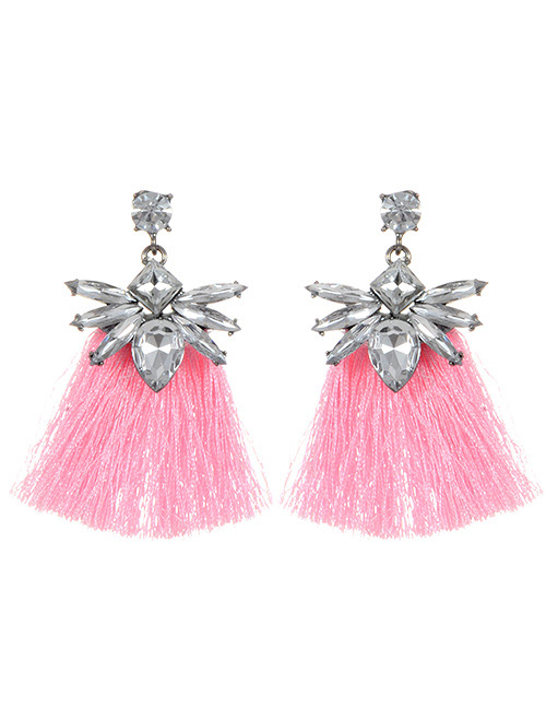 Fashion Pink Geometric Shape Diamond Decorated Tassel Earrings