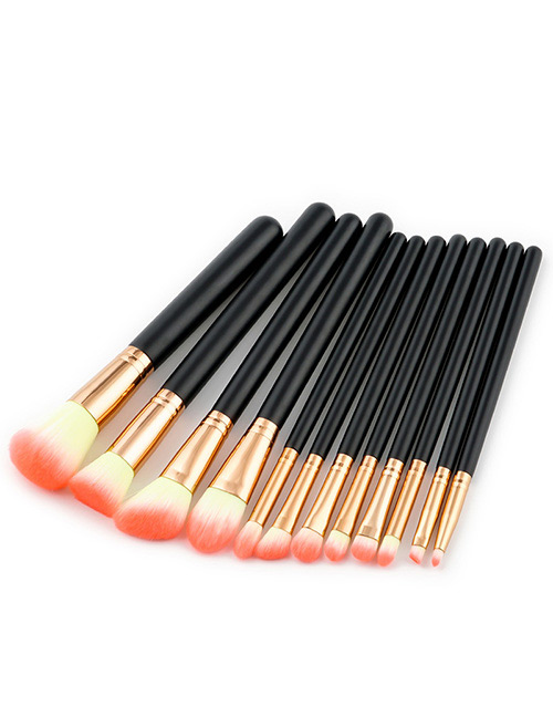 Trendy Pink+yellow Color Matching Decorated Makeup Brush(12pcs)