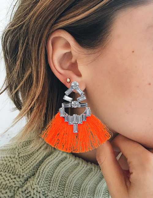 Fashion Orange Geometric Shape Diamond Decorated Tassel Earrings