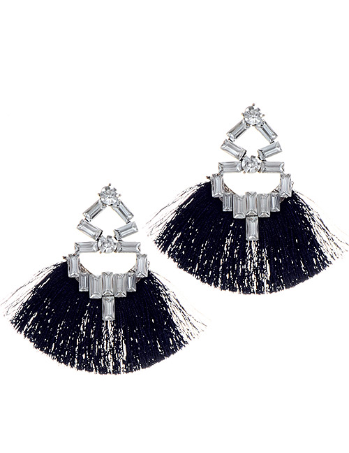 Fashion Navy Geometric Shape Diamond Decorated Tassel Earrings