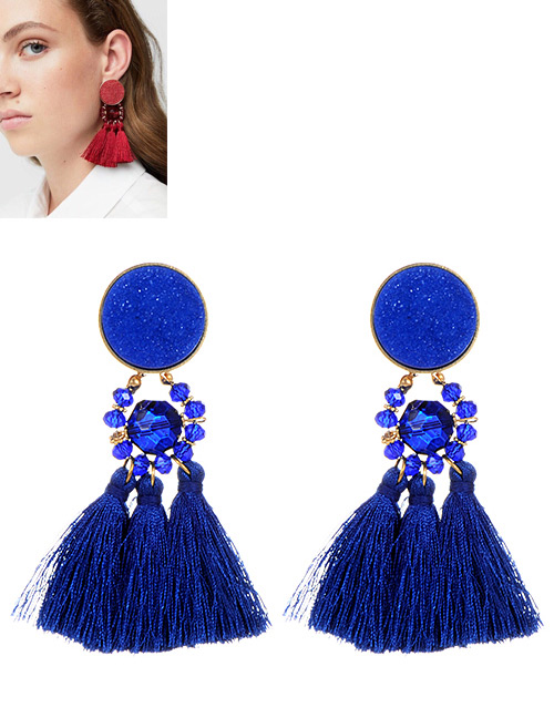 Fashion Sapphire Blue Round Shape Decorated Long Tassel Earrings