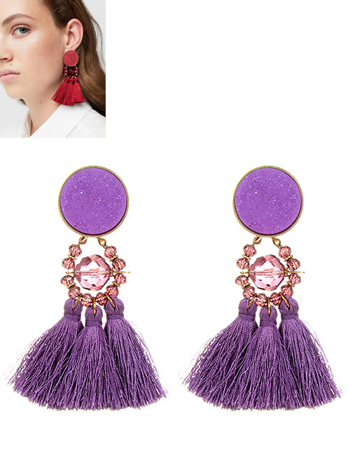 Fashion Purple Round Shape Decorated Long Tassel Earrings