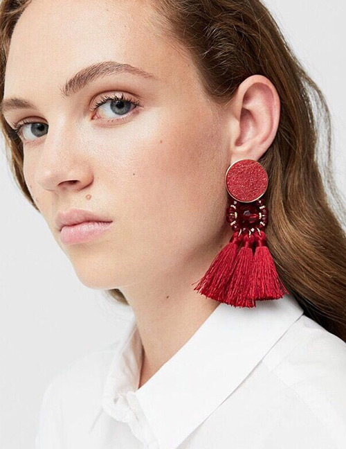 Fashion Claret Red Round Shape Decorated Long Tassel Earrings