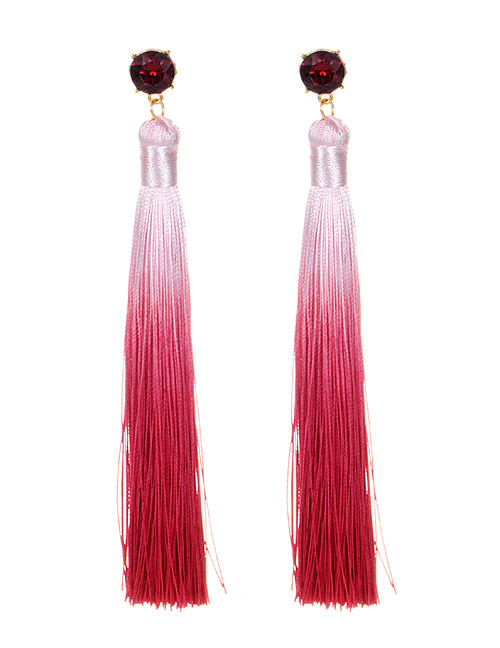 Fashion Plum Red Diamond Decorated Long Tassel Earrings