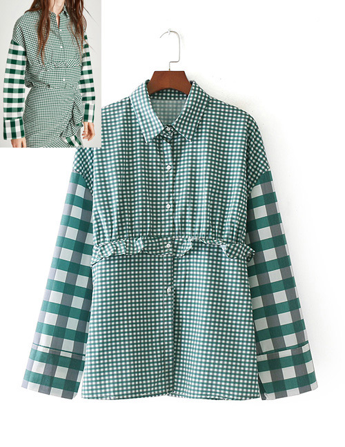 Fashion Green Grid Pattern Decorated Simple Blouse