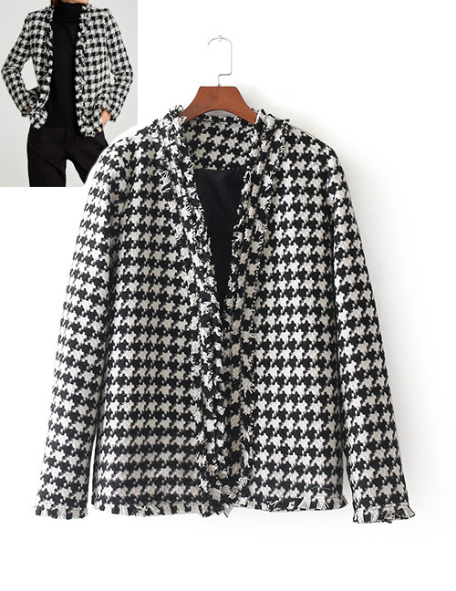 Fashion White+black Grid Pattern Decorated Long Sleeves Coat