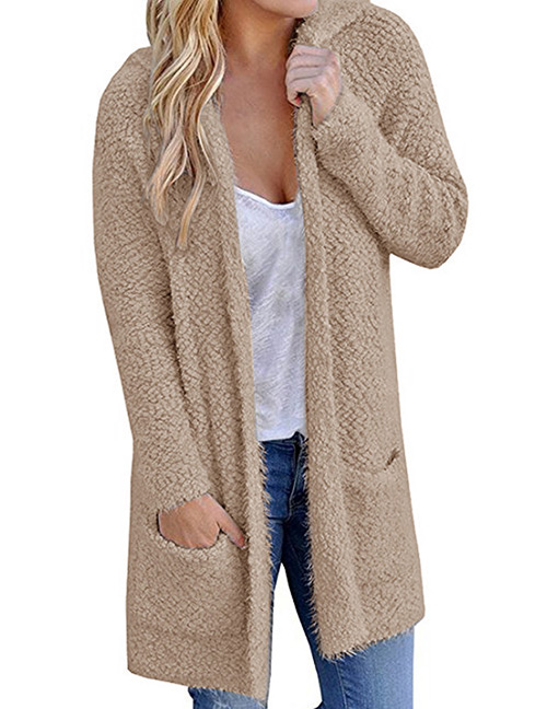 Fashion Beige Pure Color Decorated Knitting Cardigan
