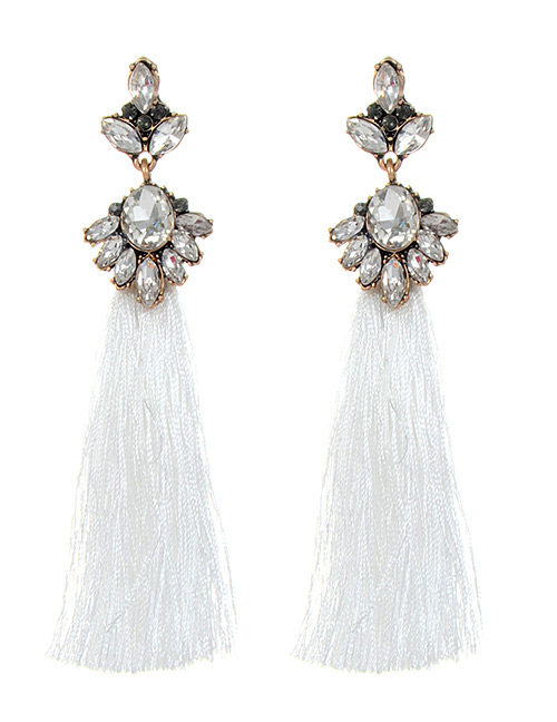 Bohemia White Oval Shape Diamond Decorated Tassel Earrings