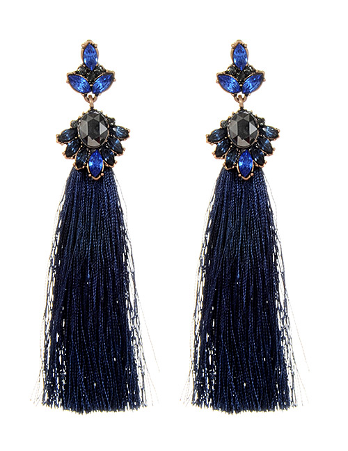 Bohemia Sapphire Blue Oval Shape Diamond Decorated Tassel Earrings