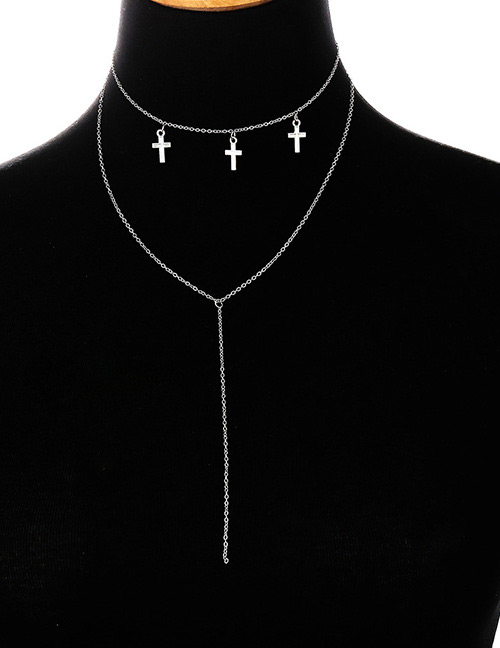 Elegant Silver Color Cross Shape Decorated Double Layer Necklace