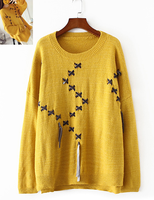 Vintage Yellow Bandage Shape Decorated Sweater