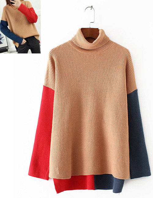 Vintage Khaki Color-macthing Decorated Sweater