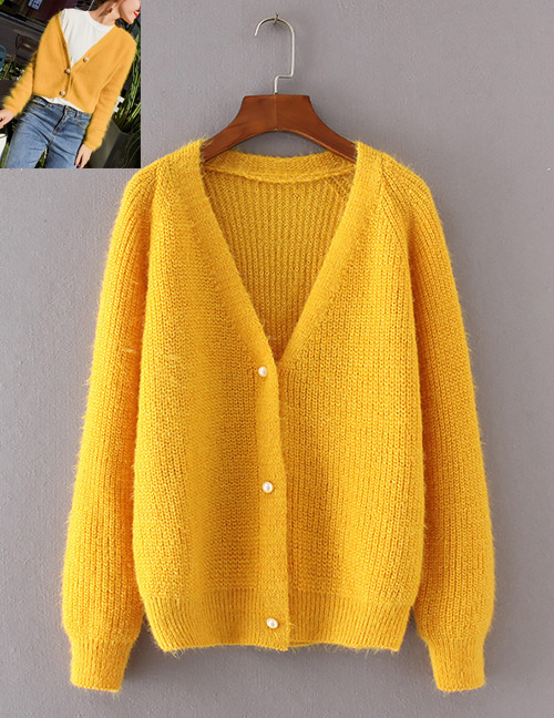 Vintage Yellow Pure Color Decorated Knitting Cardigan