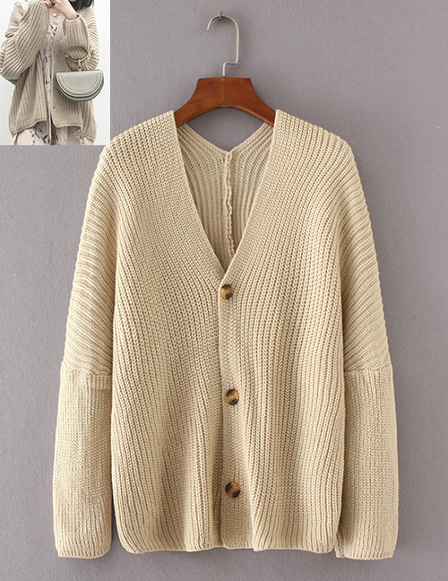 Vintage Beige Pure Color Decorated Knitting Cardigan