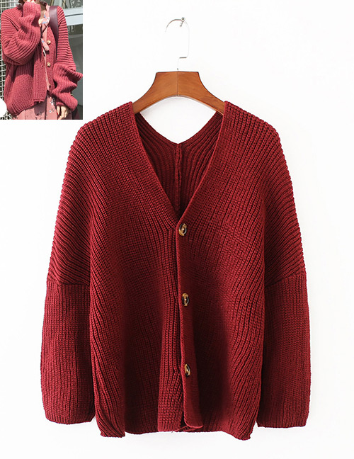 Vintage Red Pure Color Decorated Knitting Cardigan