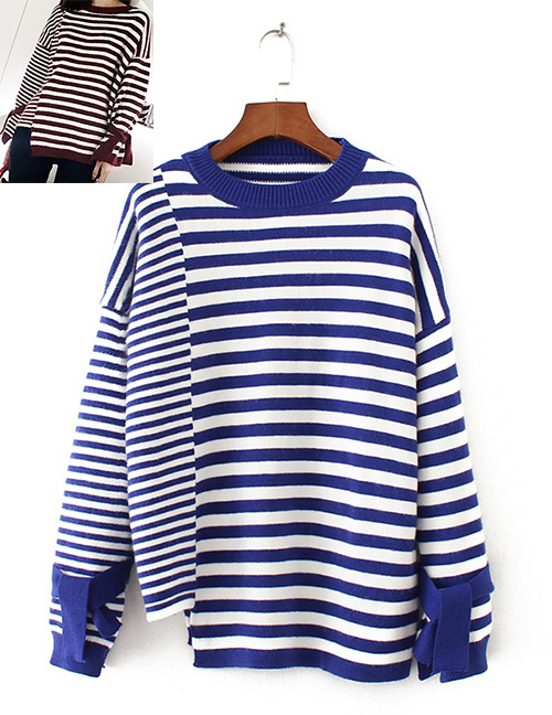 Fashion Blue Color-matching Decorated Sweater