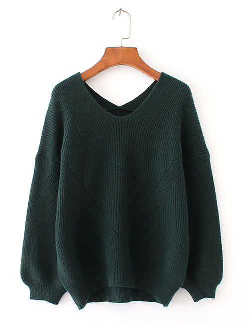 Fashion Green Pure Color Decorated V-neckline Sweater