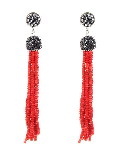 Bohemia Red Round Shape Decorated Long Tassel Earrings