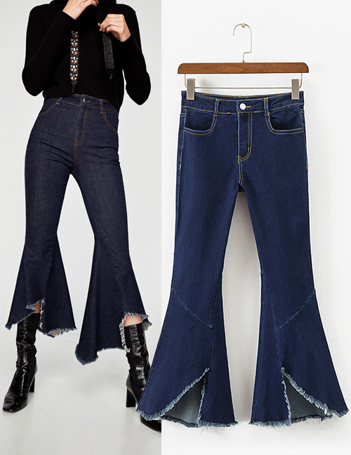 Fashion Dark Blue Pure Color Decorated Bell-bottoms