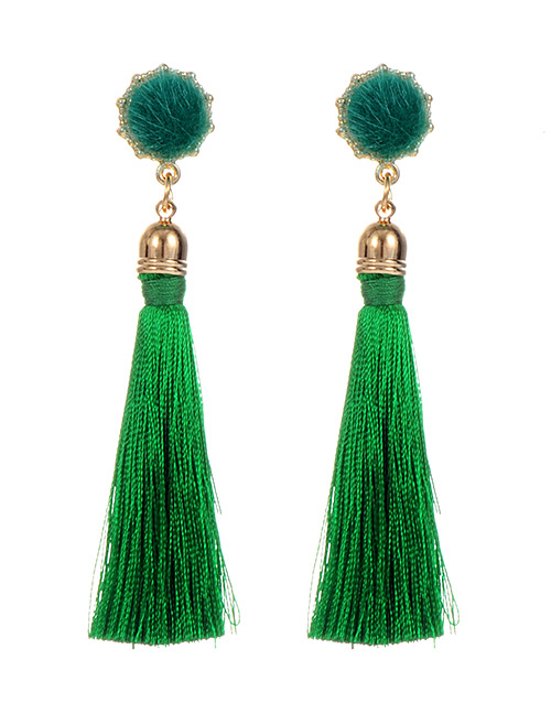 Fashion Green Fuzzy Ball Decorated Tassel Earrings