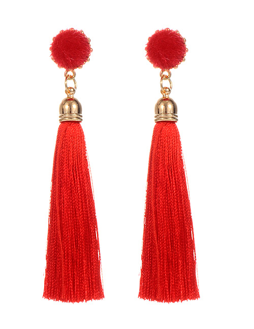 Fashion Red Fuzzy Ball Decorated Tassel Earrings