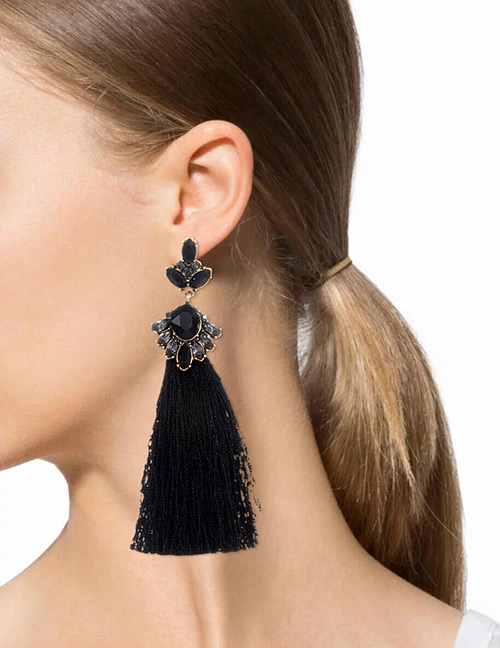 Bohemia Black Oval Shape Diamond Decorated Tassel Earrings