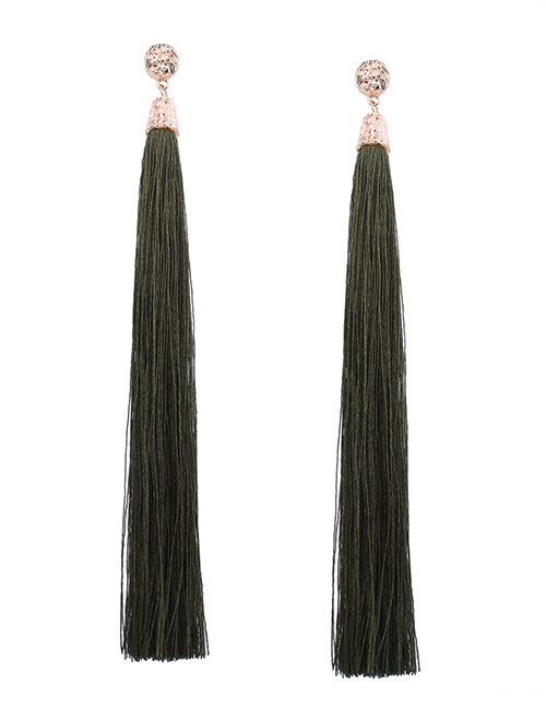 Bohemia Army Green Pure Color Decorated Long Tassel Earrings