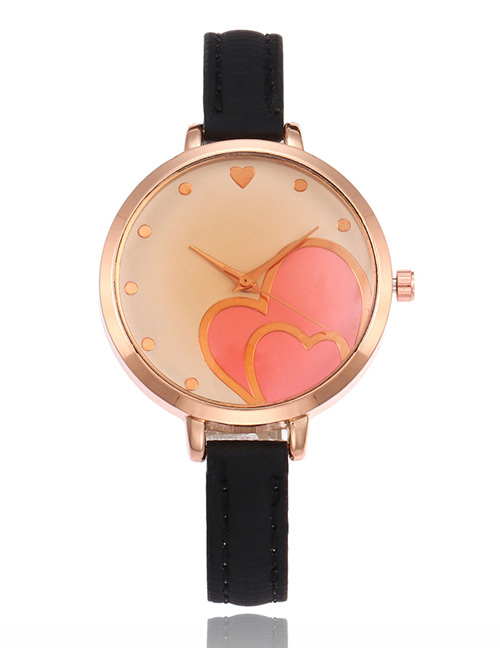 Elegant Black Double Heart Shape Decorated Watch
