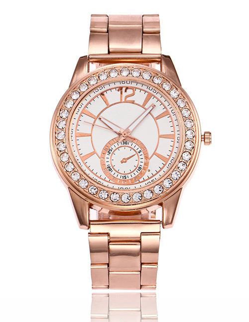 Fashion Rose Gold Round Shape Diamond Decorated Watch