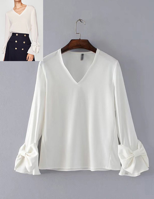 Fashion White Pure Color Decorated V Neckline Shirt