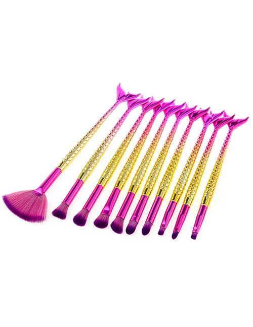 Fashion Pink+yellow Sector Shape Decorated Makeup Brush (10 Pcs)