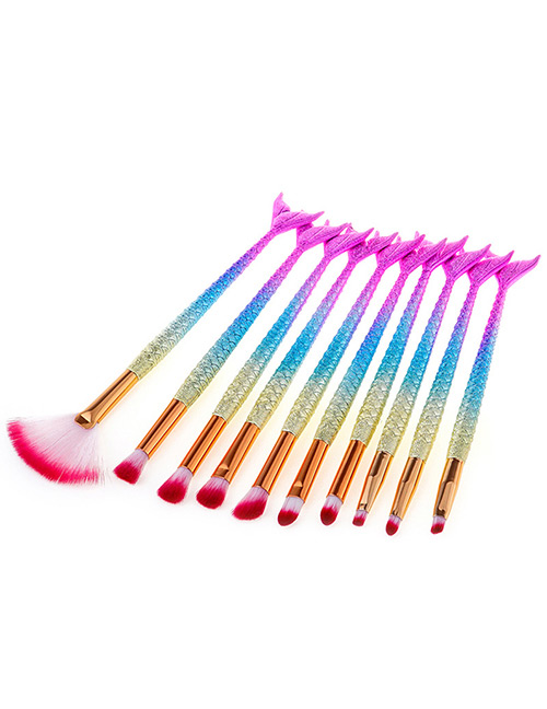 Fashion Gold Color+pink+blue Sector Shape Decorated Makeup Brush (10 Pcs)