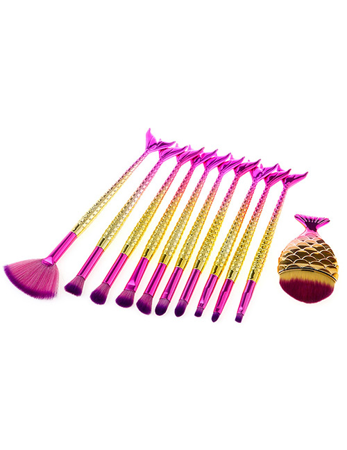 Fashion Pink+yellow Mermaid Shape Decorated Makeup Brush (11 Pcs)