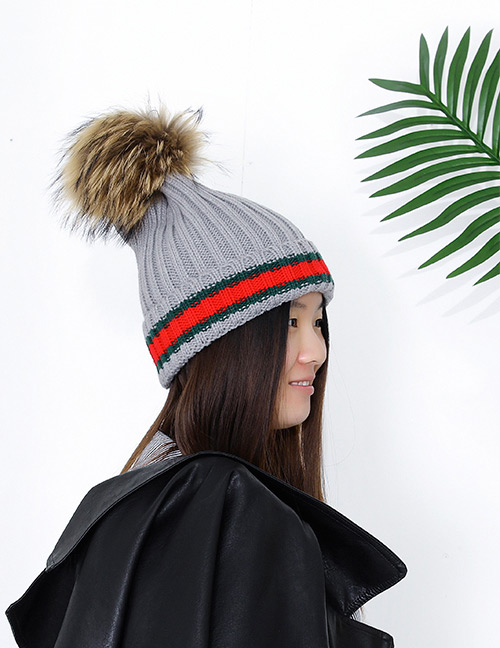 Fashion Gray Stripe Pattern Decorated Pom Adult Hat