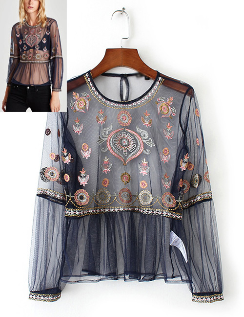 Fashion Navy Embroidery Flower Decorated Smock