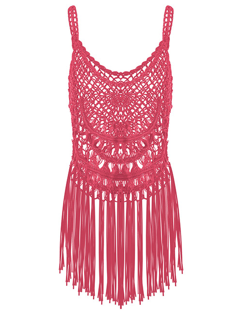 Fashion Red Long Tassel Decorated Pure Color Vest