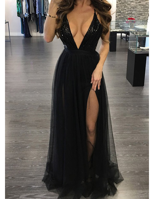 Fashion Black Pure Color Decorated V Neckline Dress