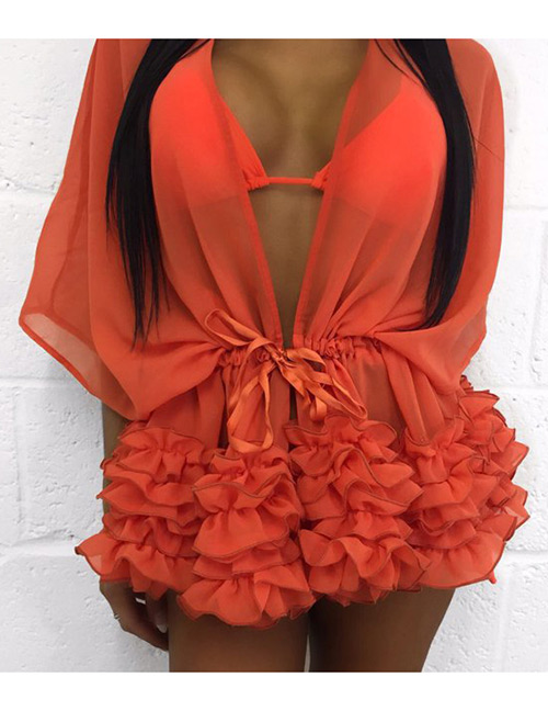 Fashion Orange Flower Hem Design Pure Color Smock