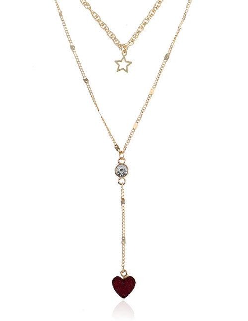Fashion Dark Red Five-pointed Star Pendant Decorated Long Necklace