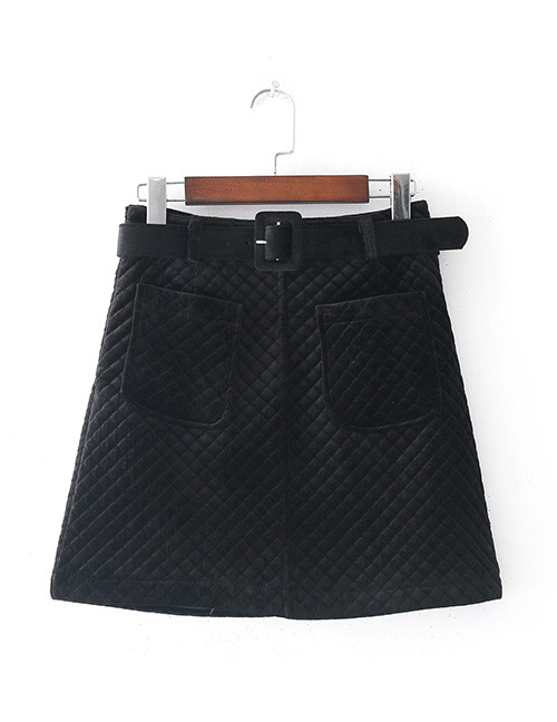 Fashion Black Grid Pattern Decorated Pure Color Skirt(with Belt)