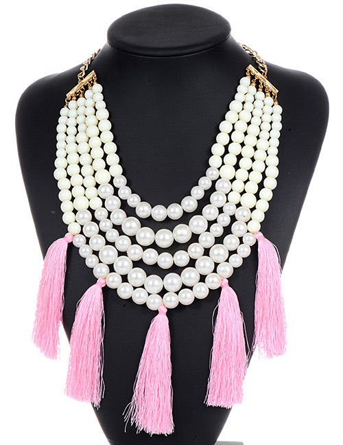 Fashion Pink+white Pearls&tassel Decorated Necklace